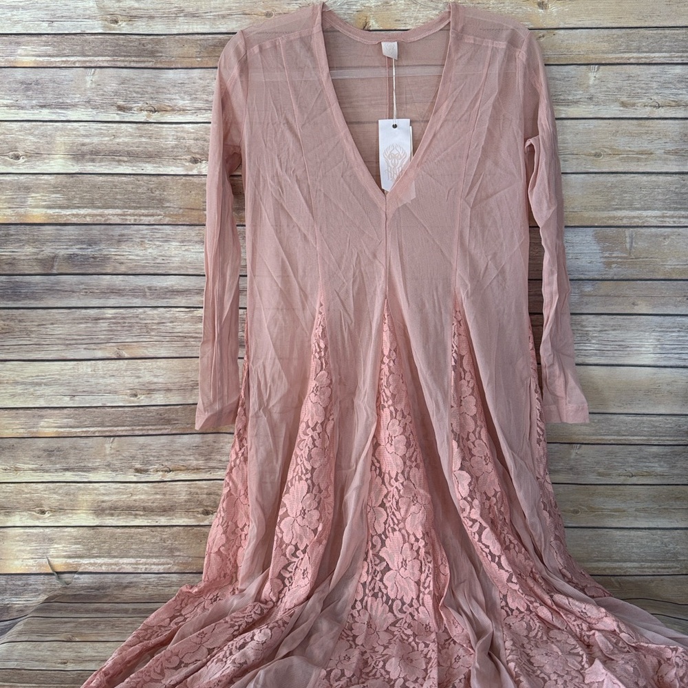 We Are Hah Pink Long Sleeve Sheer Lace Maxi Dress